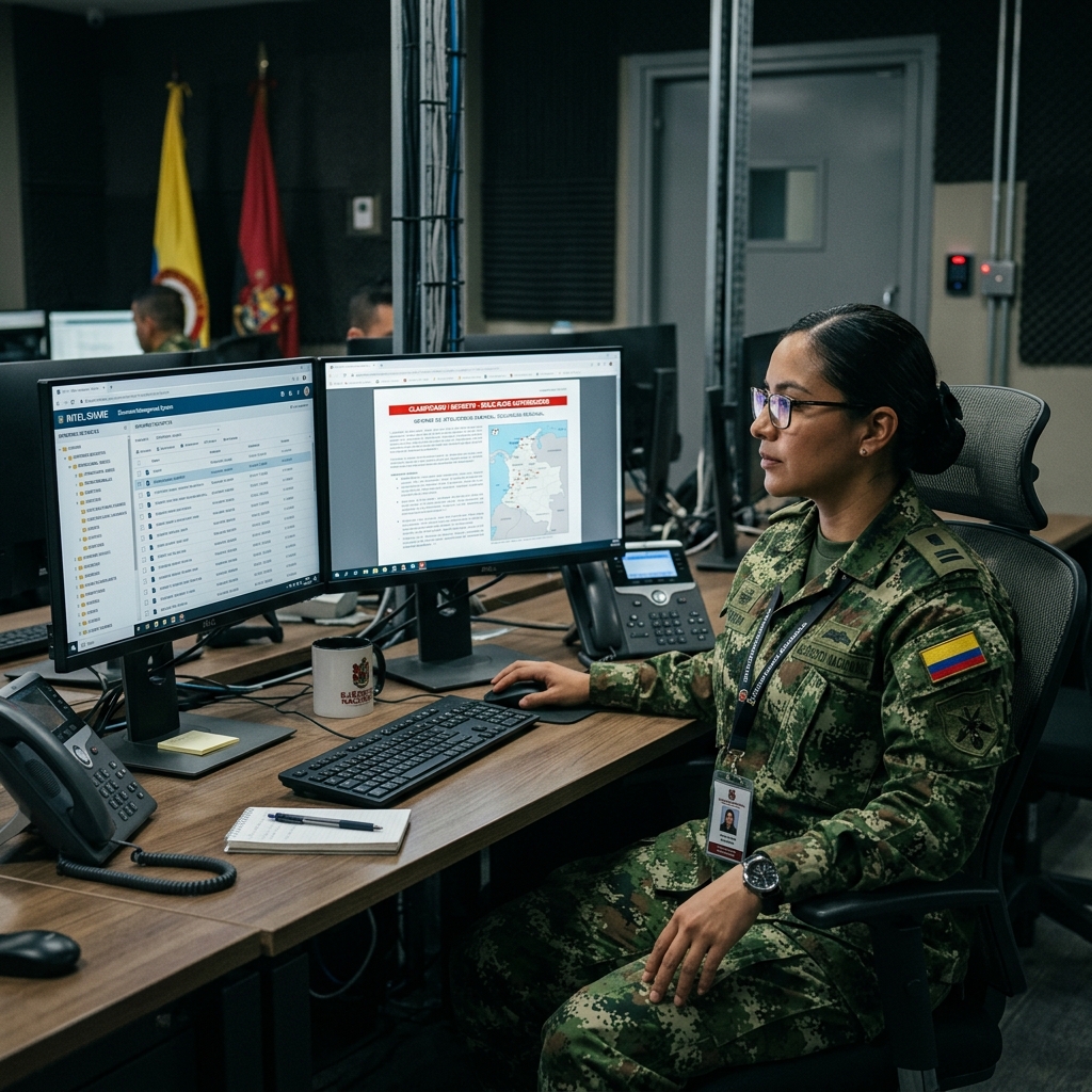 Oficial de inteligencia revisando documentos clasificados en estación de trabajo segura