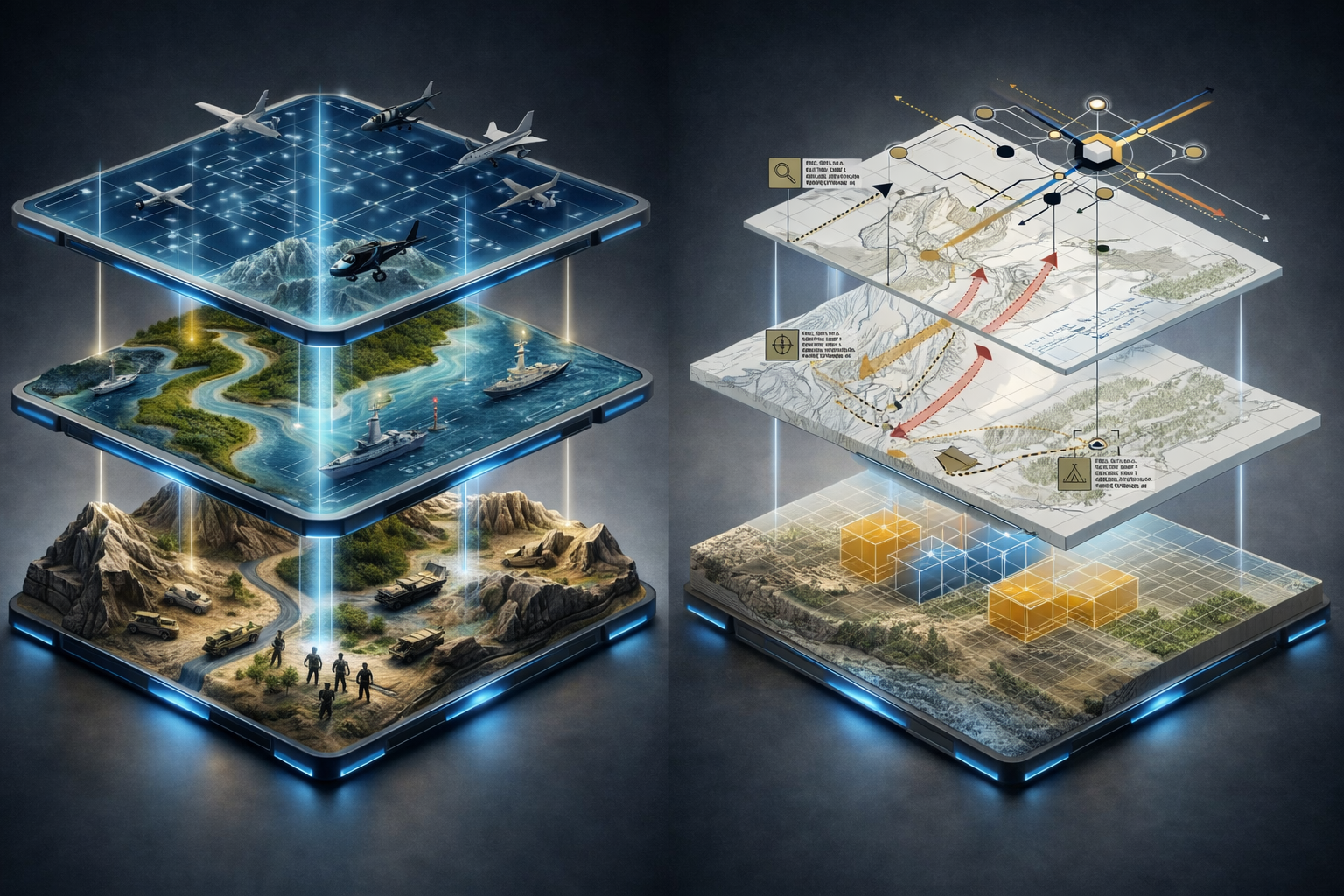 Operadores tácticos planificando sobre mesa digital con mapa interactivo